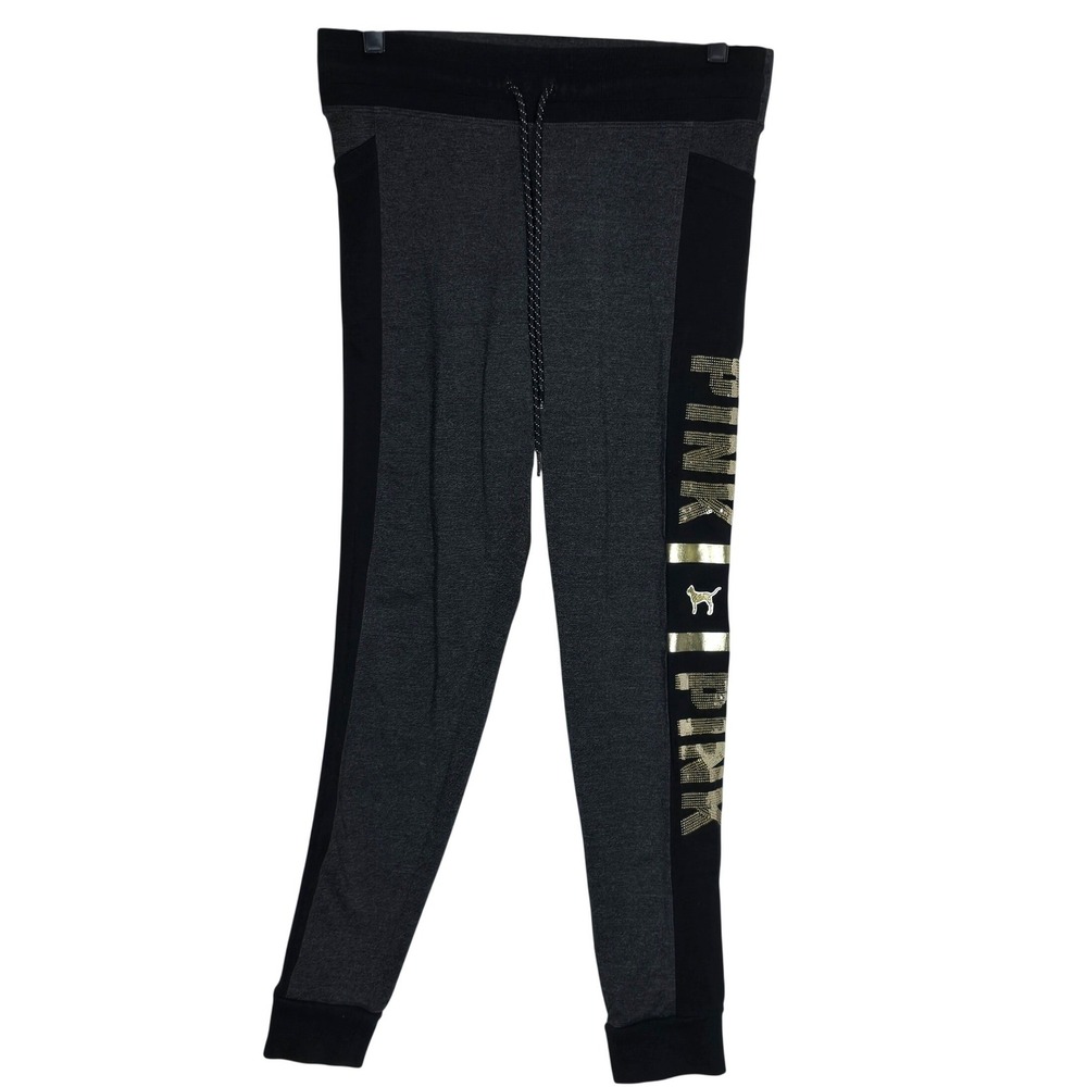 PINK Victoria's Secret Gray Black Sequin Logo Joggers Sweatpants Pockets Dog Med